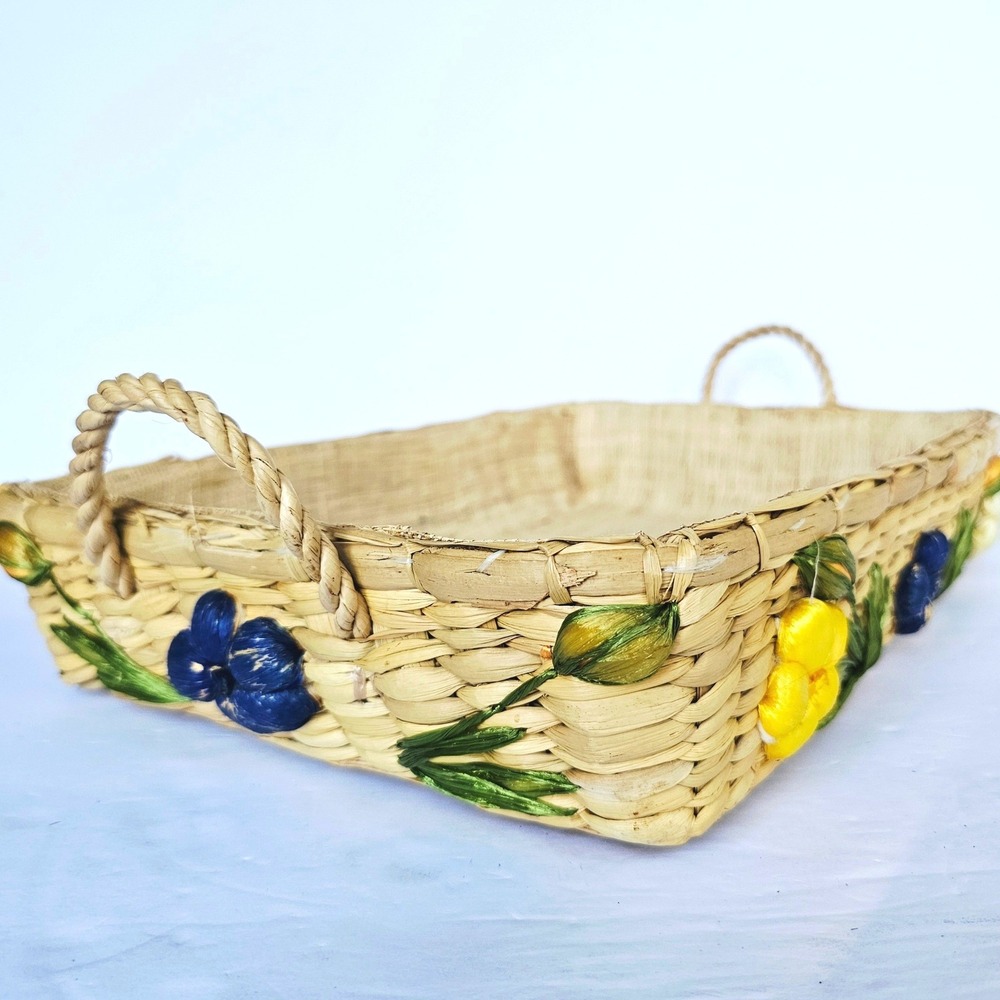 Vintage Woven Straw Casserole Holder Basket Raffia Floral Embroidery Cottagecore